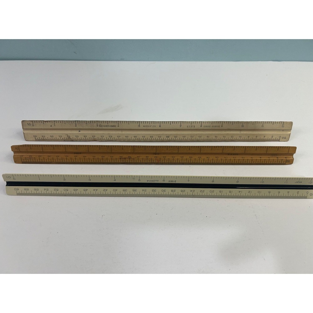 Drafting Ruler Lot of 3 Wood/Plastic- Alvin 215, Post 7311, Pickett 235E